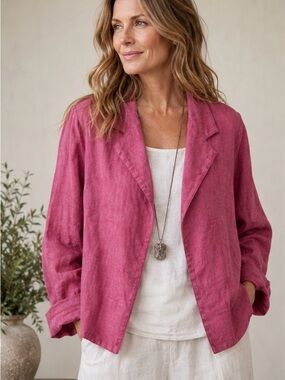 Bryn Walker M 100% Linen Open Jacket in Raspberry USA Lagenlook Bohemian